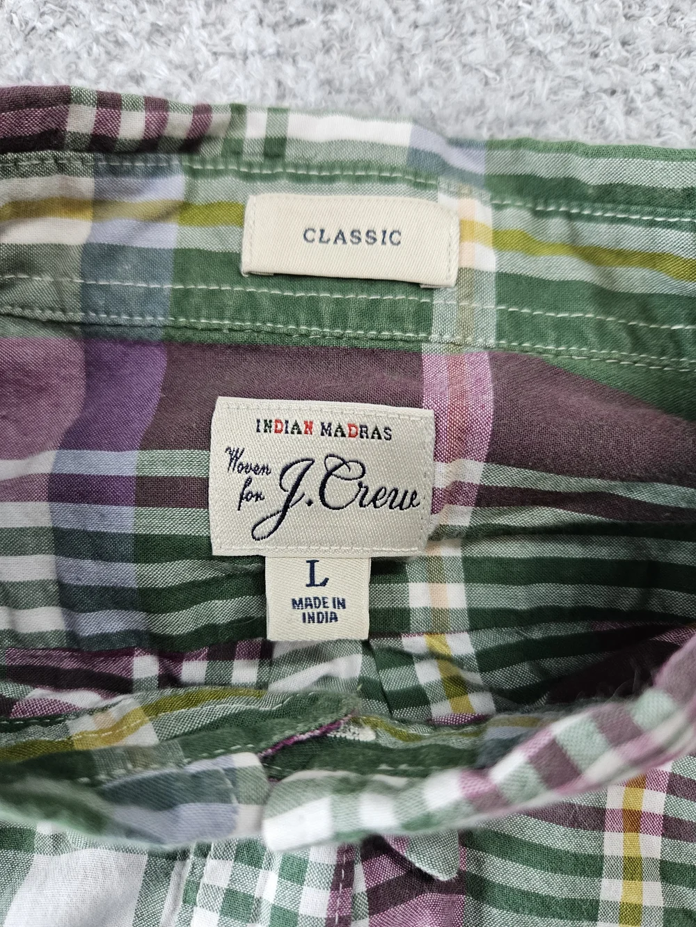 J. Crew INDIAN MADRAS Green and Purple Plaid Men's Button-Down Shirt